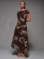 Jolie Moi Light Brown Mesh Asymmetrical Draped Maxi Dress - Image 6 of 6
