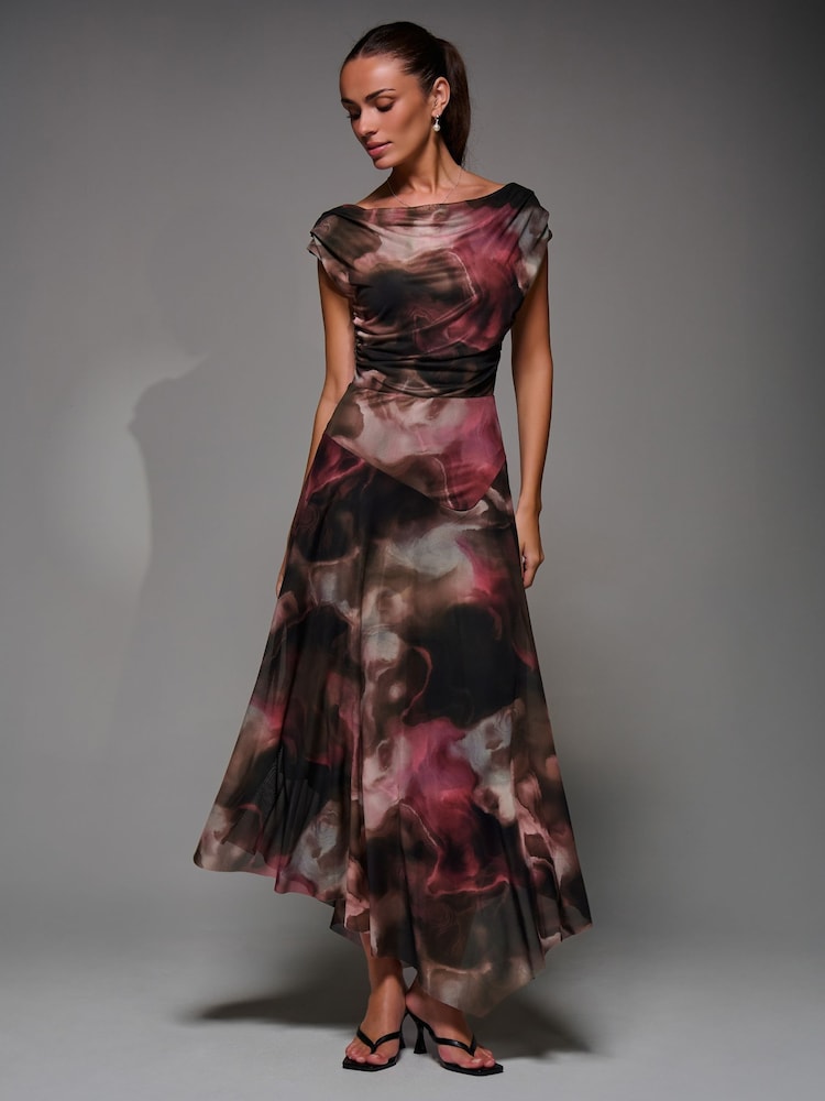 Jolie Moi Brown Mesh Asymmetrical Draped Maxi Dress - Image 1 of 6