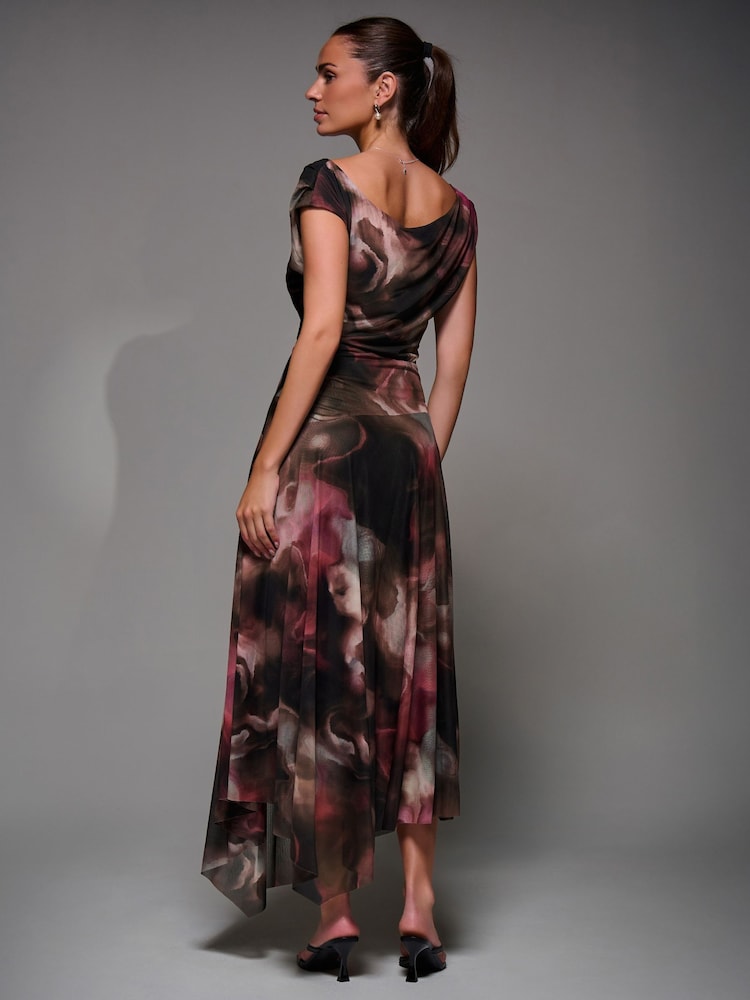 Jolie Moi Brown Mesh Asymmetrical Draped Maxi Dress - Image 2 of 6