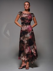 Jolie Moi Brown Mesh Asymmetrical Draped Maxi Dress - Image 4 of 6
