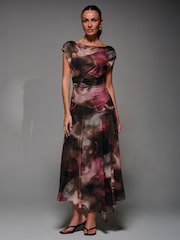 Jolie Moi Brown Mesh Asymmetrical Draped Maxi Dress - Image 6 of 6