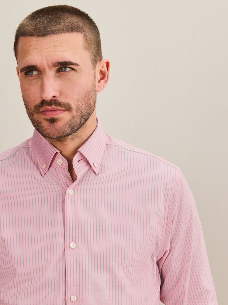 Pink/Green Slim Fit Signature Cotton Button Down Collar Smart Stripe Shirt - Image 1 of 6