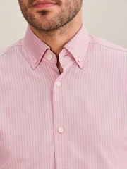 Pink/Green Slim Fit Signature Cotton Button Down Collar Smart Stripe Shirt - Image 5 of 6