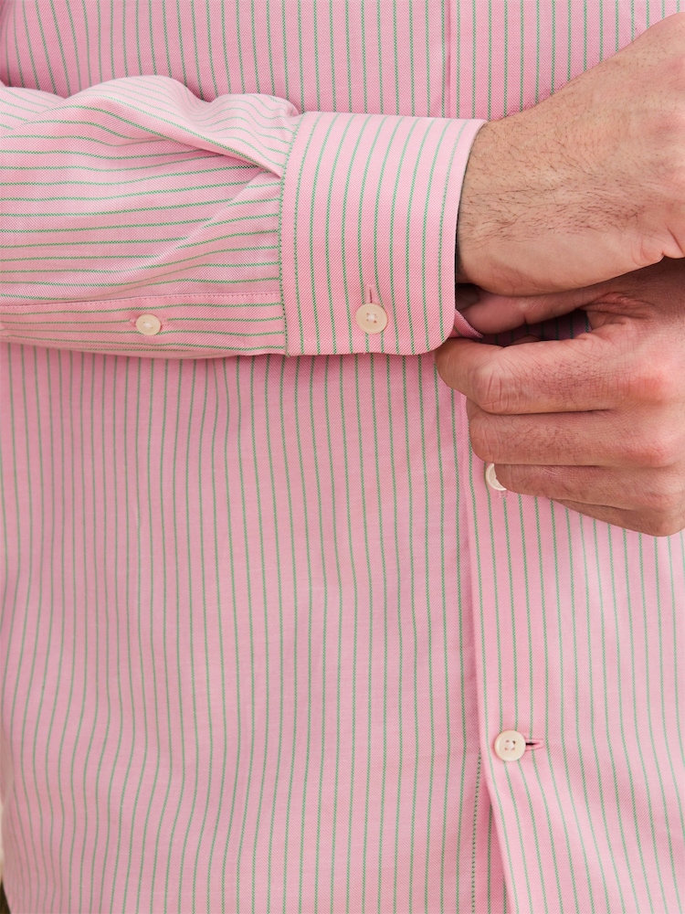 Pink/Green Slim Fit Signature Cotton Button Down Collar Smart Stripe Shirt - Image 6 of 6