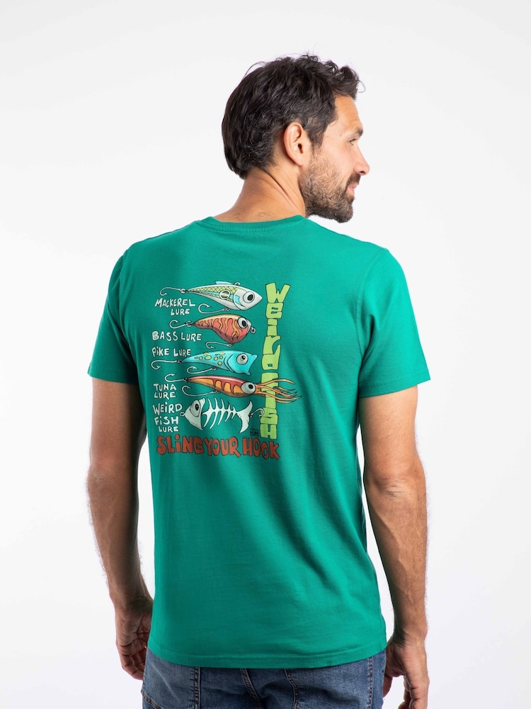 Weird Fish Green Sling Your Hook Back Print Artist T-Shirt - Image 2 of 6