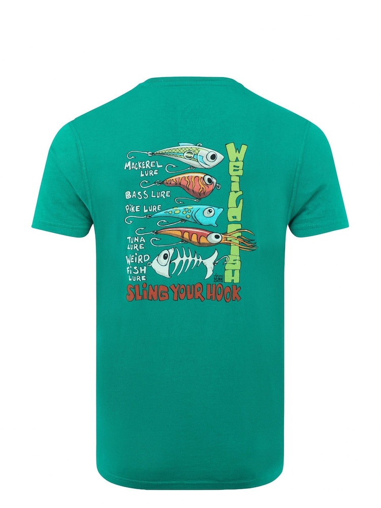 Weird Fish Green Sling Your Hook Back Print Artist T-Shirt - Image 6 of 6
