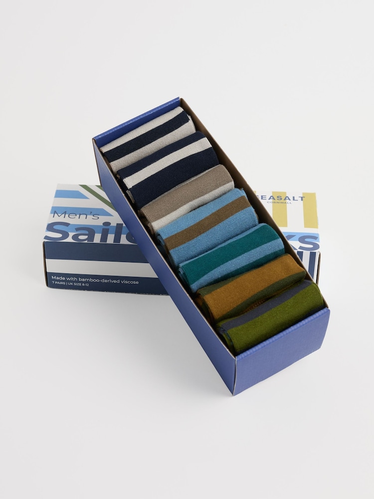 Seasalt Cornwall Blue Gift Box of 7 Men's Sailor Socks - Image 1 of 3 Seasalt Cornwall Blue Gift Box of 7 Men's Sailor Socks - Image 1 of 3