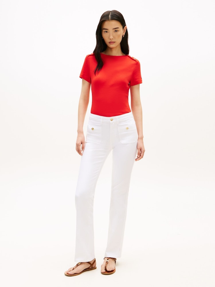 Κόκκινο - Tommy Hilfiger Gold Tone Button Slim Boat Neck T-Shirt - Εικόνα 2 από 5