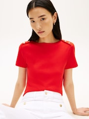 Κόκκινο - Tommy Hilfiger Gold Tone Button Slim Boat Neck T-Shirt - Εικόνα 4 από 5