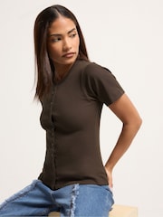 PixieGirl Brown Short Sleeve Ribbed Button Front Top - Image 1 of 5
