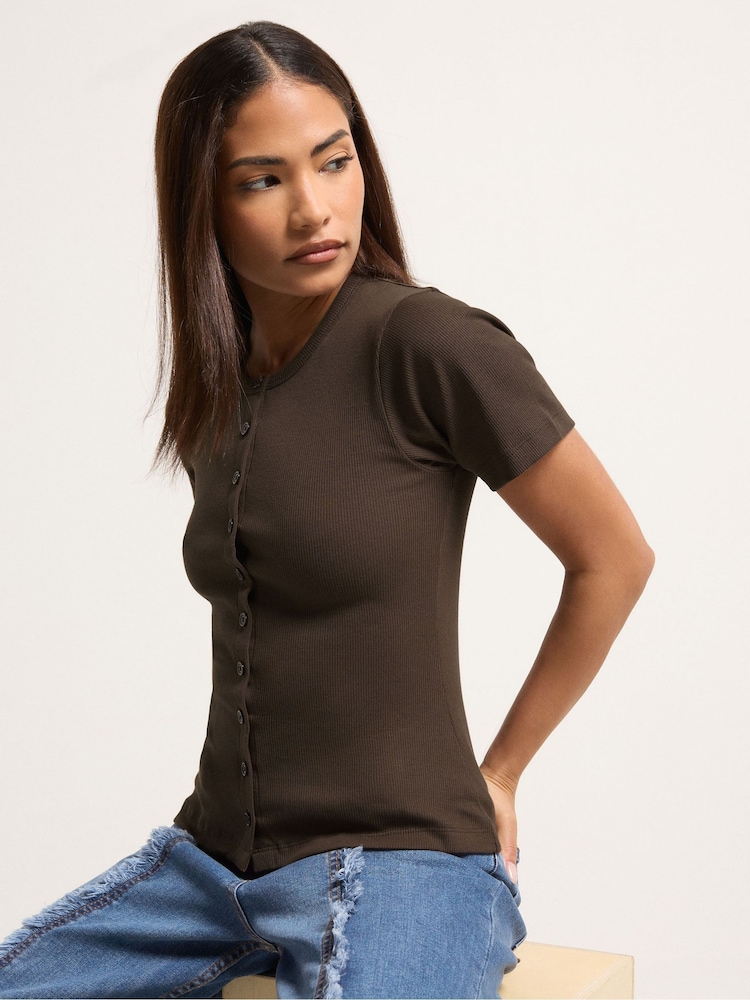 PixieGirl Brown Short Sleeve Ribbed Button Front Top - Image 1 of 5 PixieGirl Brown Short Sleeve Ribbed Button Front Top - Image 1 of 5