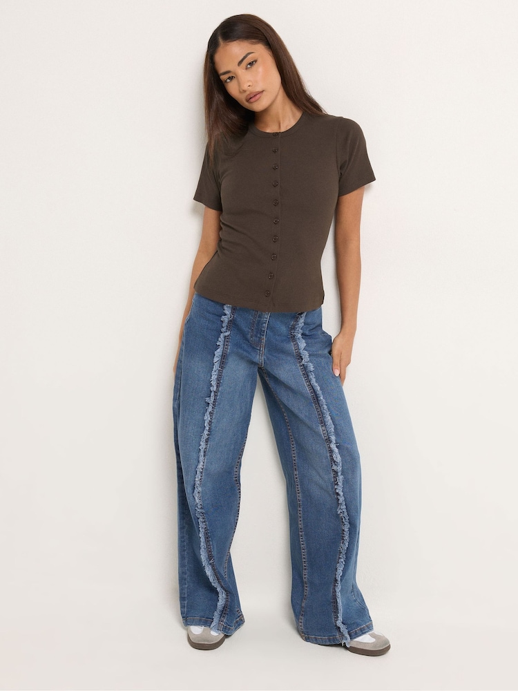 PixieGirl Brown Short Sleeve Ribbed Button Front Top - Image 2 of 5 PixieGirl Brown Short Sleeve Ribbed Button Front Top - Image 2 of 5