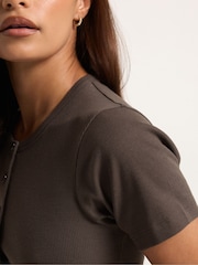 PixieGirl Brown Short Sleeve Ribbed Button Front Top - Image 3 of 5