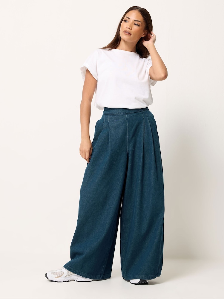 PixieGirl Petite Blue Pleated Front Wide Leg Jeans - Image 1 of 5