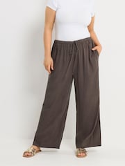 Yours Curve Brown Skinny Waistband Trousers With Linen - Image 1 of 5