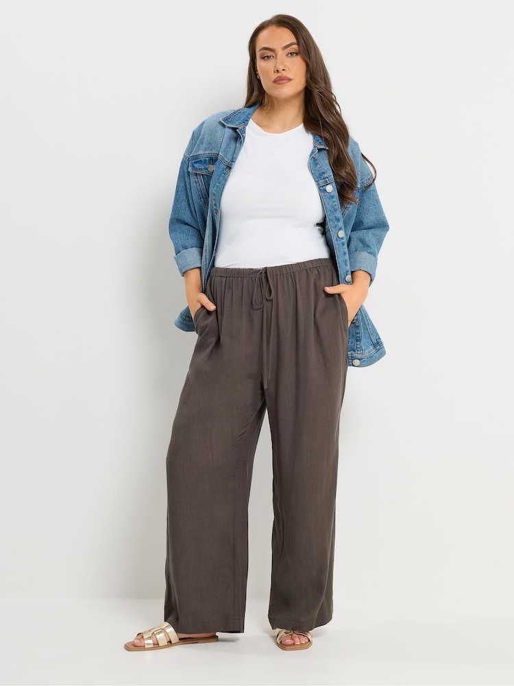 Yours Curve Brown Skinny Waistband Trousers With Linen - Image 2 of 5