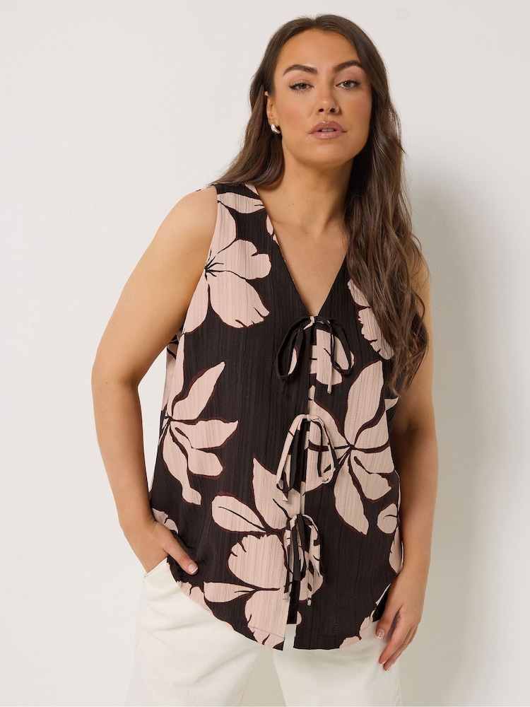 Yours Curve Brown Tie Front Vest Top - Image 1 of 5 Yours Curve Brown Tie Front Vest Top - Image 1 of 5