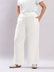 Yours Curve White Pull On Wide Leg Trousers With Linen - Image 2 of 5