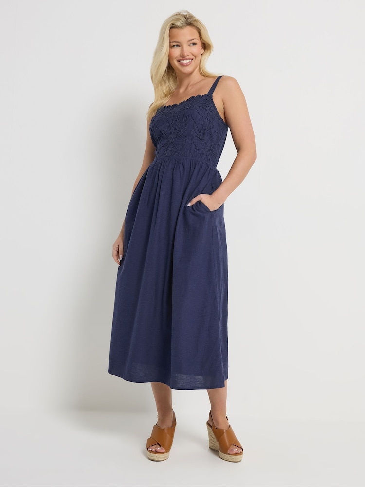 M&Co Blue Linen Cornelli Detail Maxi Dress - Image 2 of 6 M&Co Blue Linen Cornelli Detail Maxi Dress - Image 2 of 6