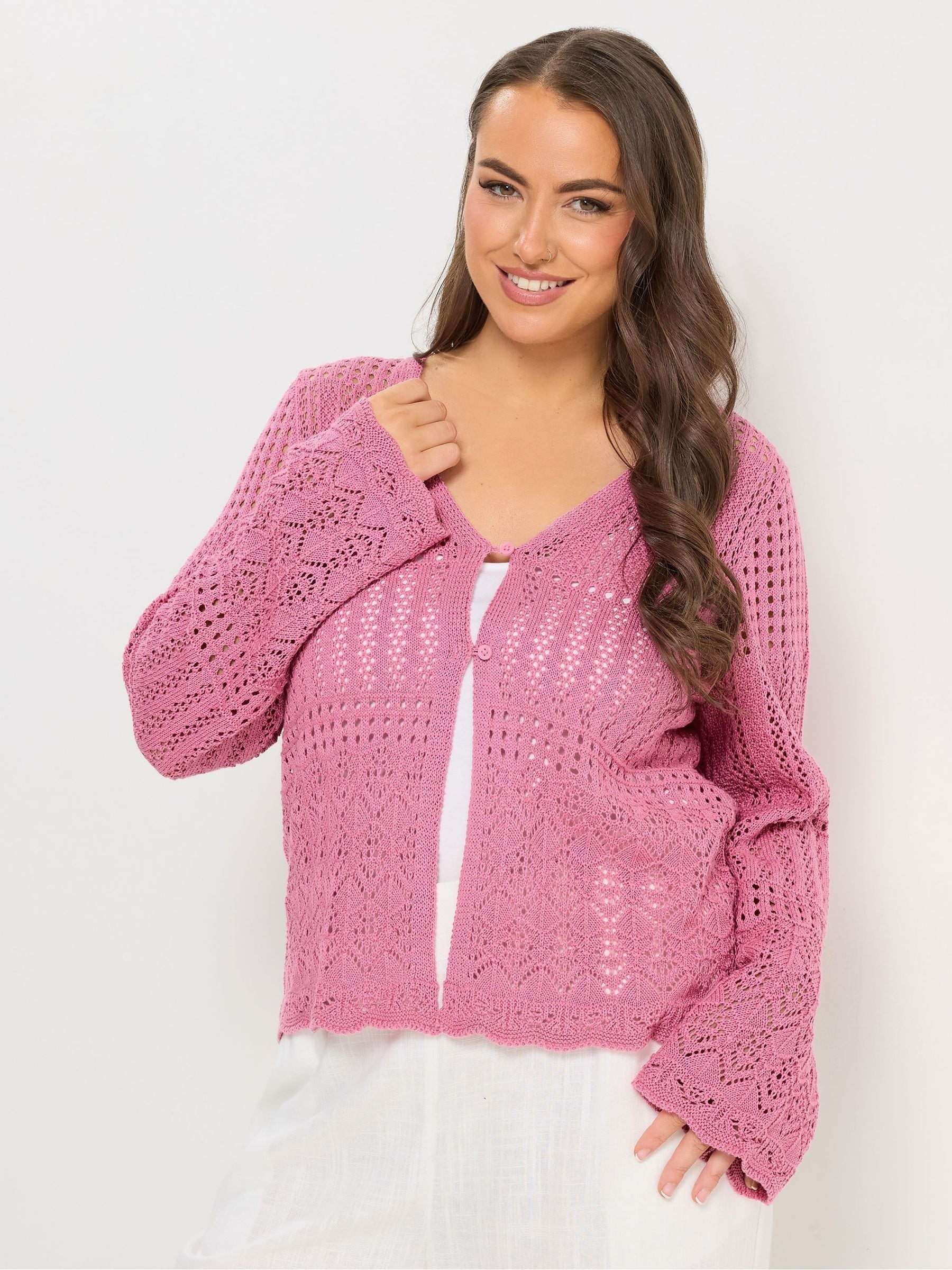 Yours Women's Pointelle Knitted Cardigan Sweater in Pink | Size: 26-28 - Image 2