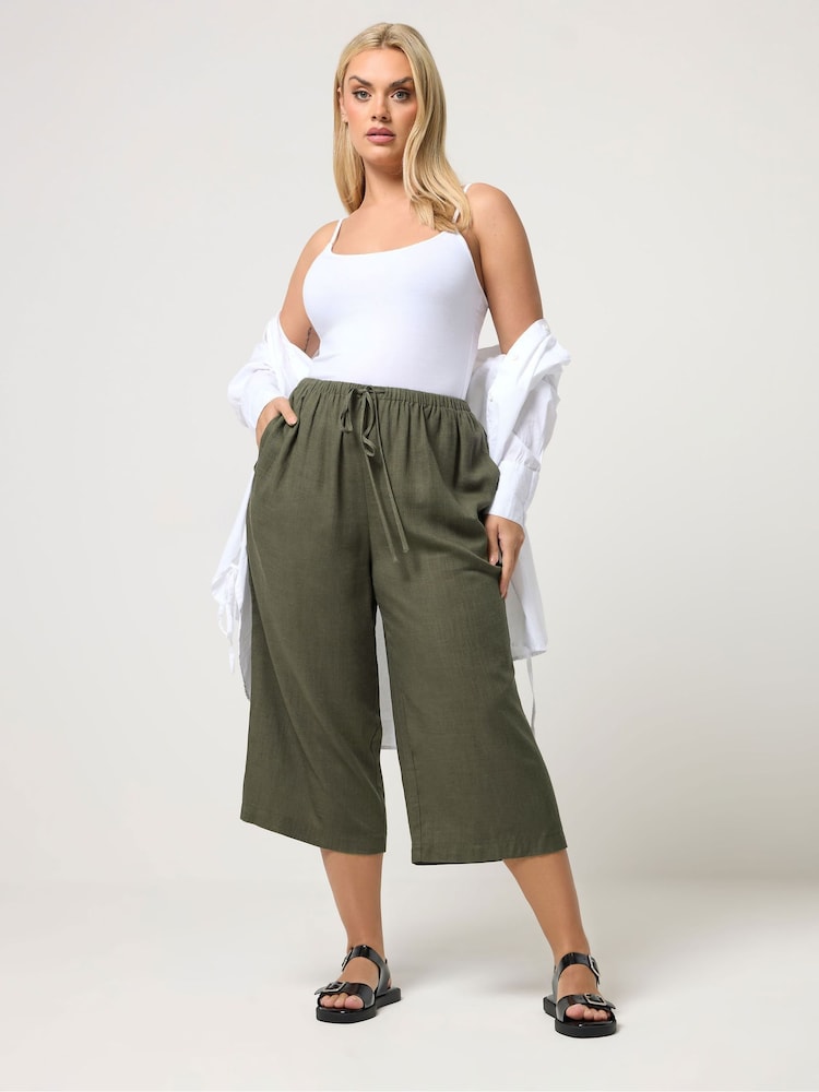 Yours Curve Green Skinny Waist Cropped Trousers With Linen - Image 1 of 5