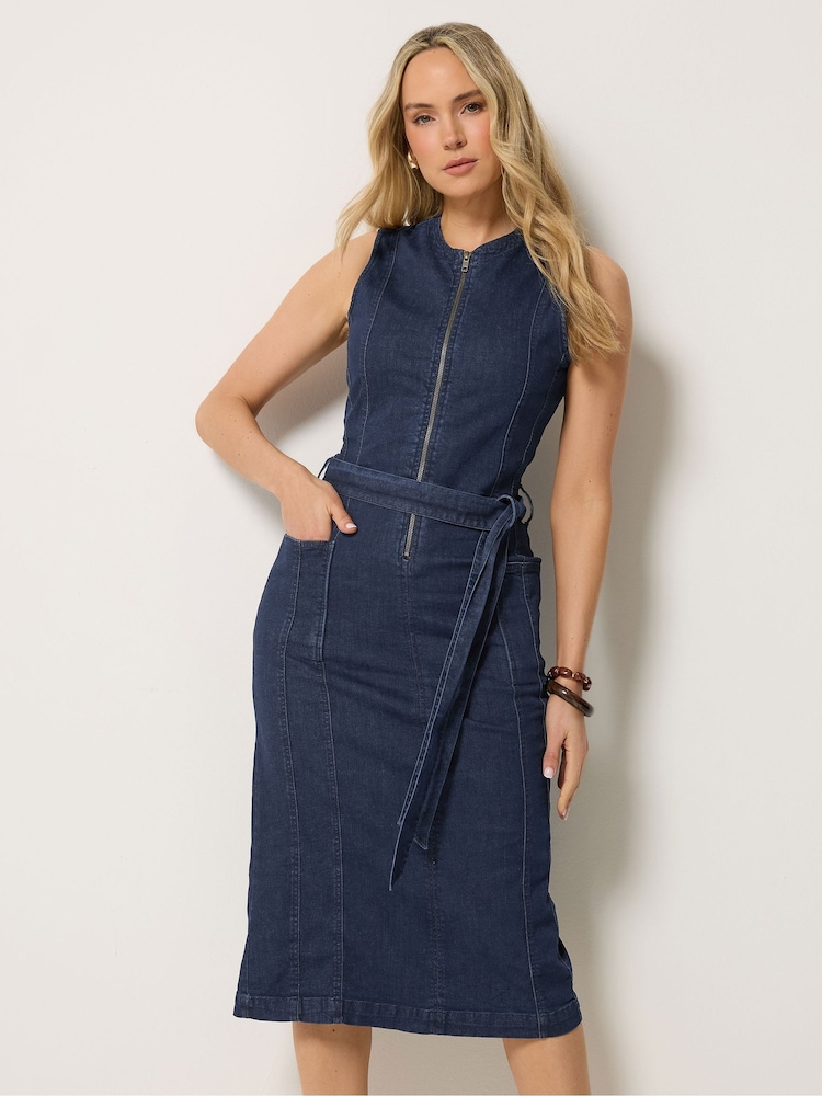 Long Tall Sally Blue Denim Sleeveless Zip Front Midi Dress - Image 1 of 5
