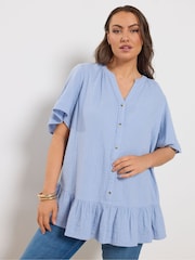 Yours Curve Blue Cheesecloth Button Through Top - Image 1 of 5