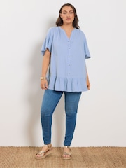 Yours Curve Blue Cheesecloth Button Through Top - Image 3 of 5