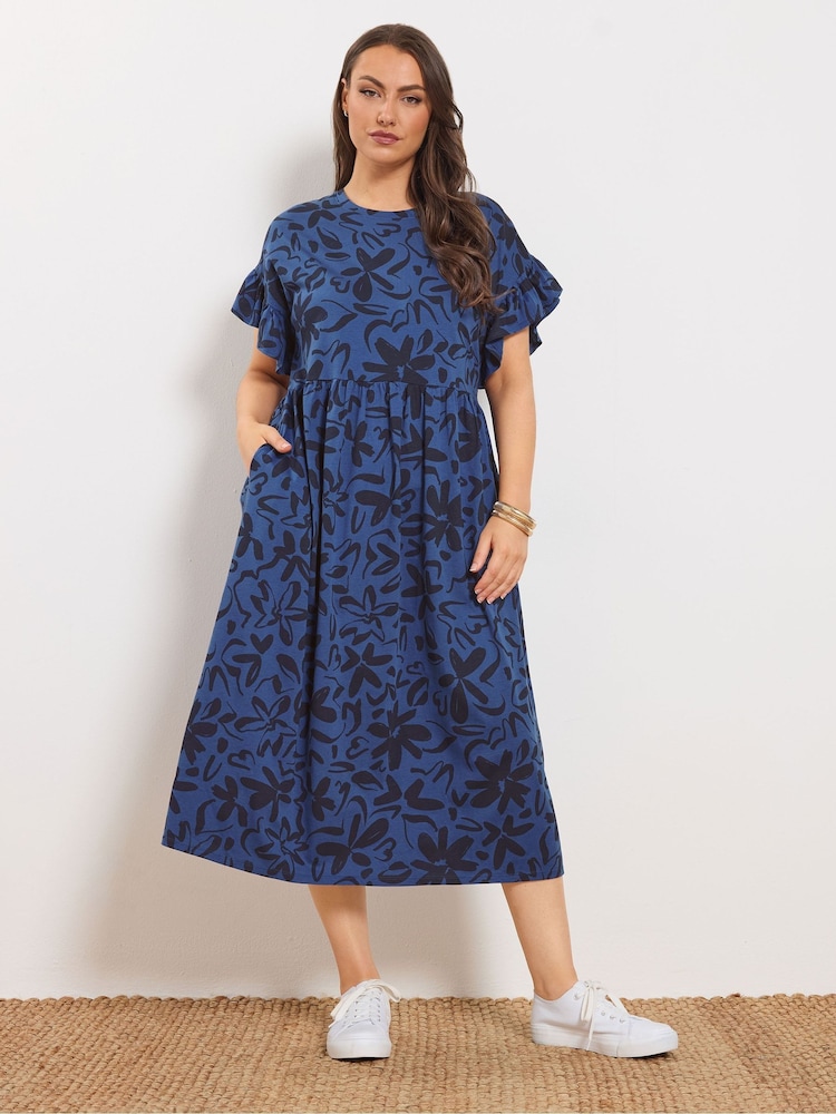 Yours Curve Blue Abstract Floral Midi Dress - Image 1 of 5 Yours Curve Blue Abstract Floral Midi Dress - Image 1 of 5