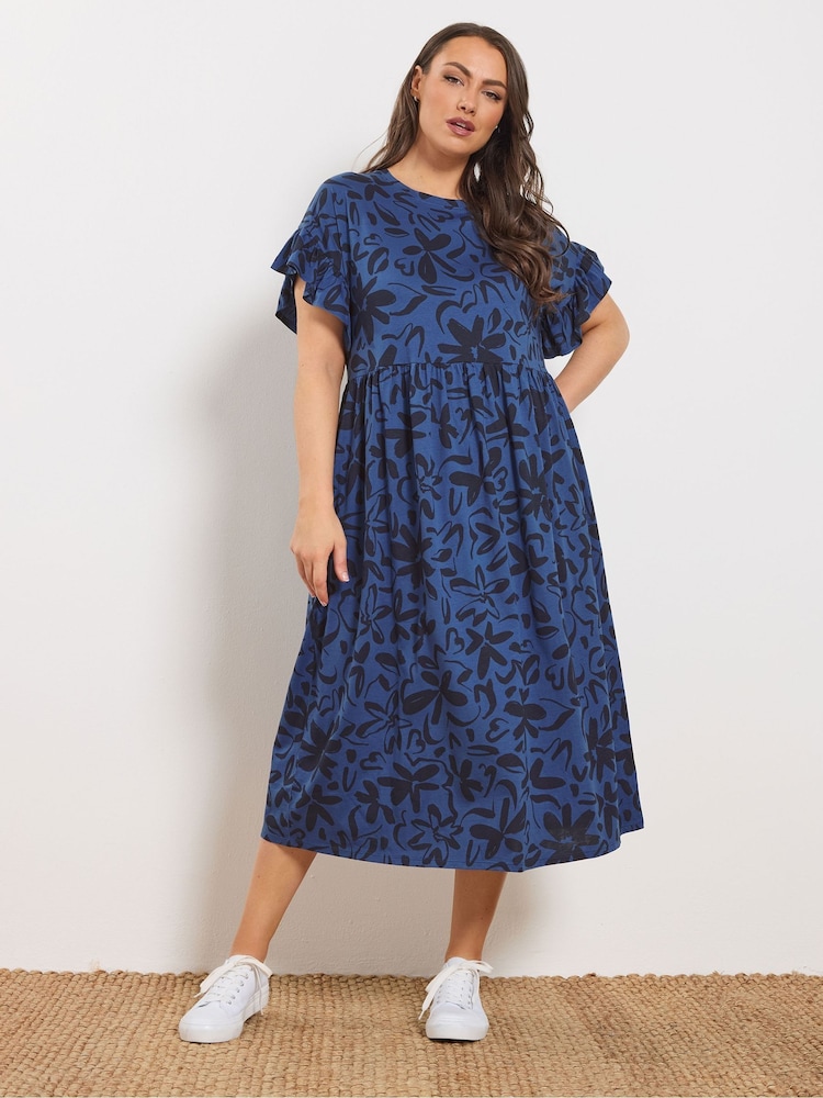 Yours Curve Blue Abstract Floral Midi Dress - Image 2 of 5 Yours Curve Blue Abstract Floral Midi Dress - Image 2 of 5