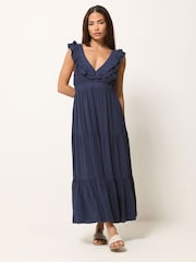 PixieGirl Petite Blue Acid Wash V-Neck Frilled Maxi Dress - Image 1 of 5