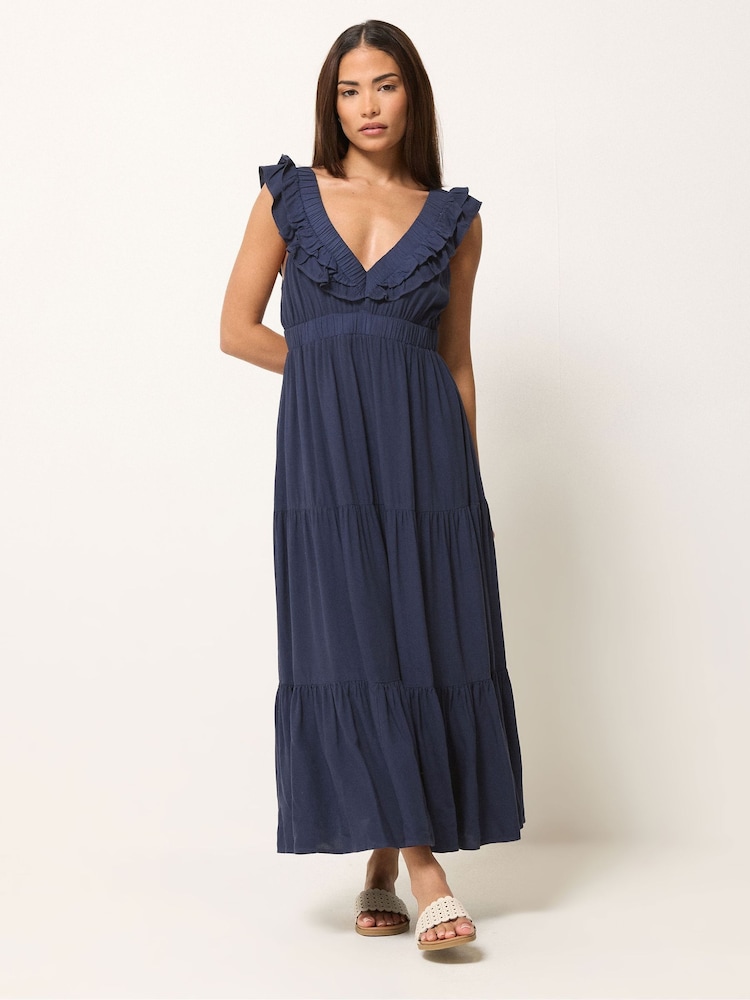 PixieGirl Petite Blue Acid Wash V-Neck Frilled Maxi Dress - Image 1 of 5