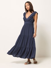 PixieGirl Petite Blue Acid Wash V-Neck Frilled Maxi Dress - Image 2 of 5