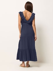 PixieGirl Petite Blue Acid Wash V-Neck Frilled Maxi Dress - Image 3 of 5