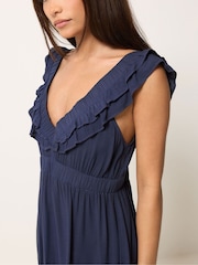 PixieGirl Petite Blue Acid Wash V-Neck Frilled Maxi Dress - Image 4 of 5