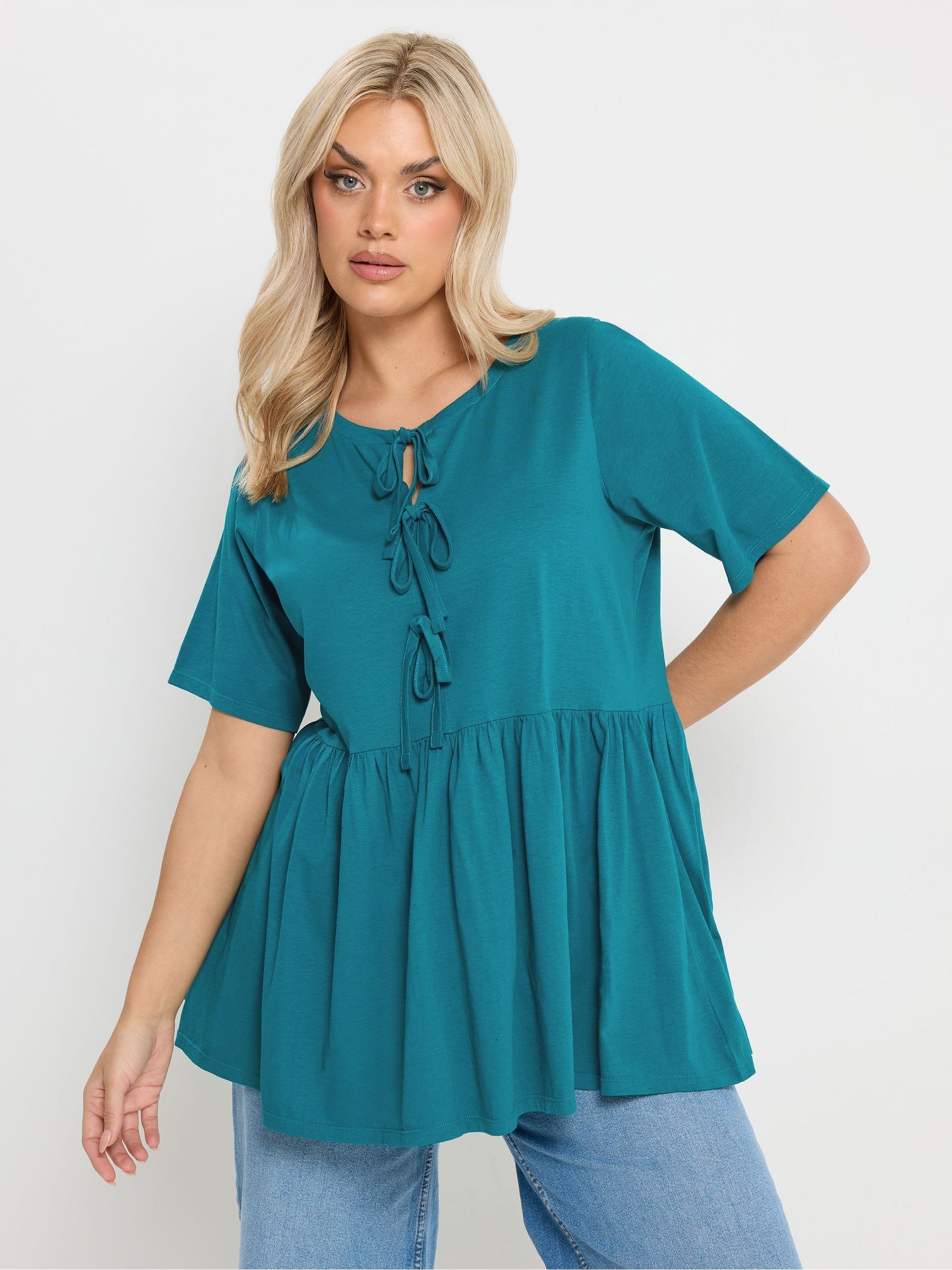 Yours Curve Women's Blue Bow Tie Front Peplum Top