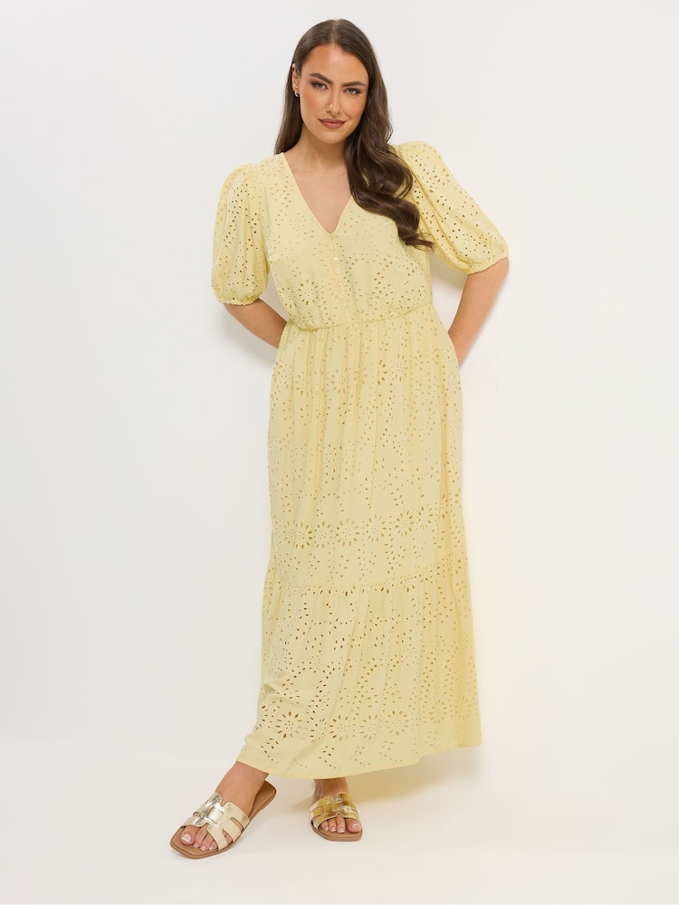 Yours Curve Yellow Broderie Anglaise Tiered Maxi Dress - Image 1 of 4