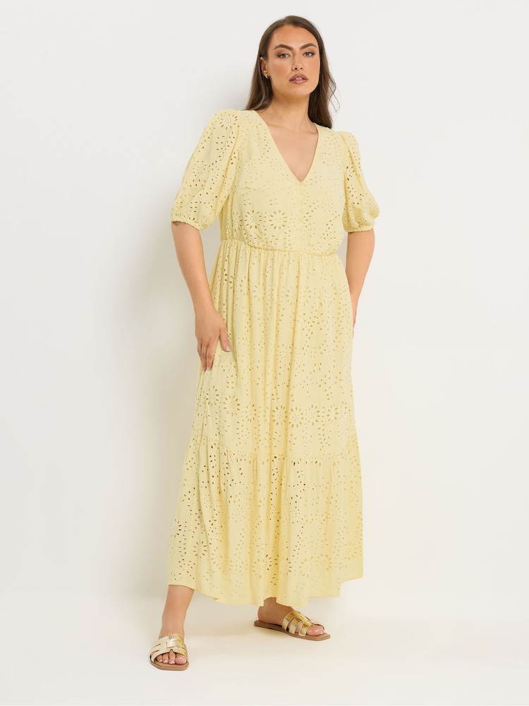 Yours Curve Yellow Broderie Anglaise Tiered Maxi Dress - Image 2 of 4