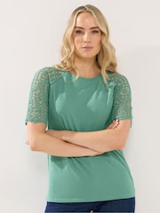 Long Tall Sally Green Crochet Raglan Sleeve T-Shirt - Image 1 of 5