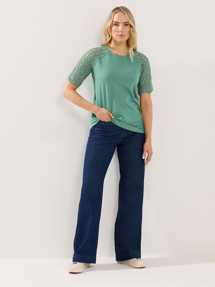 Long Tall Sally Green Crochet Raglan Sleeve T-Shirt - Image 2 of 5