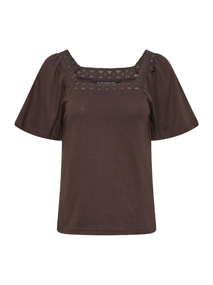 بني - PixieGirl Crochet Neck Flutter Sleeve Top - صورة 5 من 5