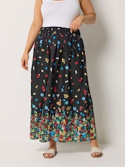Yours Curve Black Ditsy Border Midaxi Skirt - Image 1 of 5