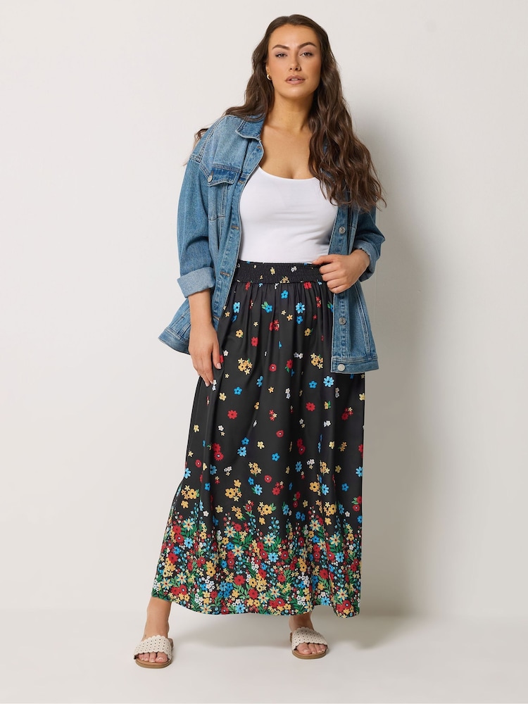 Yours Curve Black Ditsy Border Midaxi Skirt - Image 2 of 5