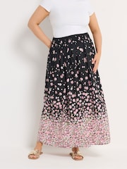 Yours Curve Black Chrome Ditsy Border Midaxi Skirt - Image 1 of 5