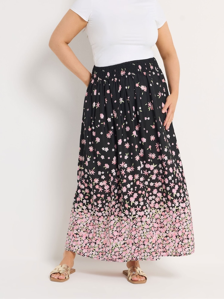 Yours Curve Black Chrome Ditsy Border Midaxi Skirt - Image 1 of 5 Yours Curve Black Chrome Ditsy Border Midaxi Skirt - Image 1 of 5