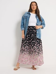 Yours Curve Black Chrome Ditsy Border Midaxi Skirt - Image 2 of 5