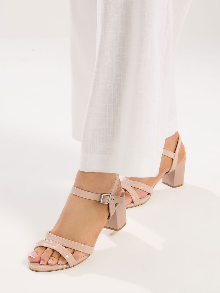 Yours Curve Natural Wide Fit Patent Mid Block Heel Sandals - Image 1 of 5 Yours Curve Natural Wide Fit Patent Mid Block Heel Sandals - Image 1 of 5