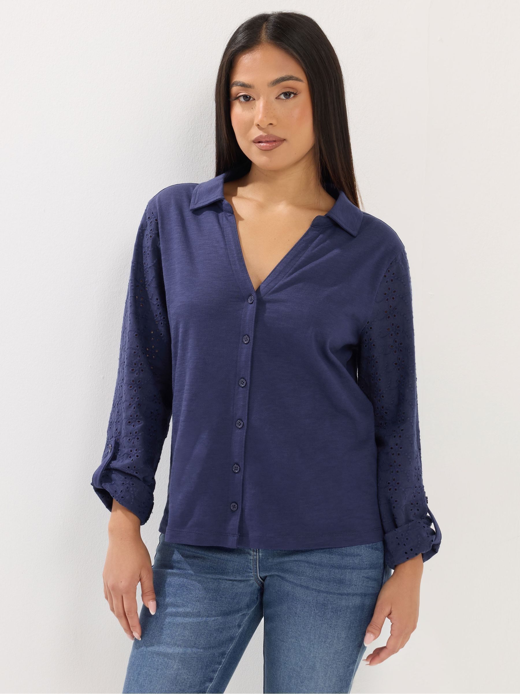M & Co Women's Blue Petite Broderie Sleeve Shirt