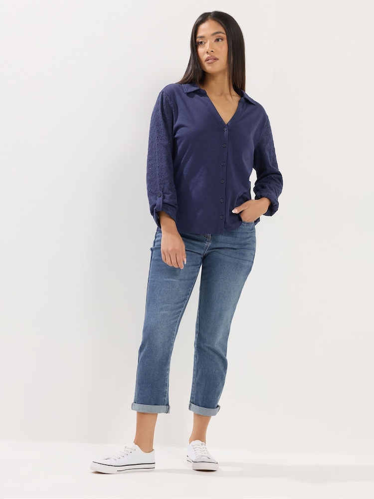 M&Co Blue Petite Broderie Sleeve Shirt - Image 2 of 4 M&Co Blue Petite Broderie Sleeve Shirt - Image 2 of 4