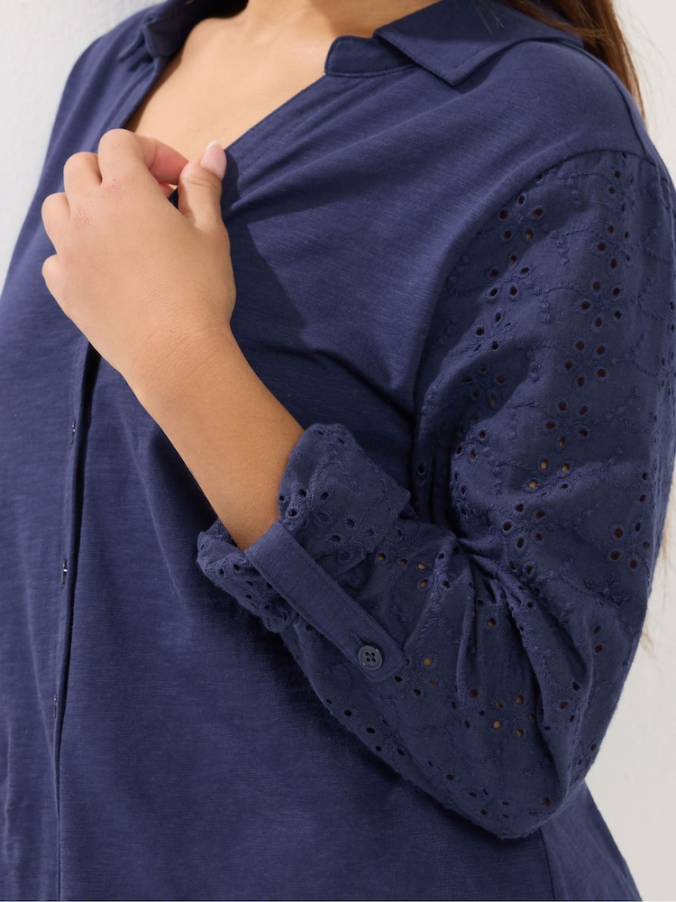 M&Co Blue Petite Broderie Sleeve Shirt - Image 4 of 4 M&Co Blue Petite Broderie Sleeve Shirt - Image 4 of 4